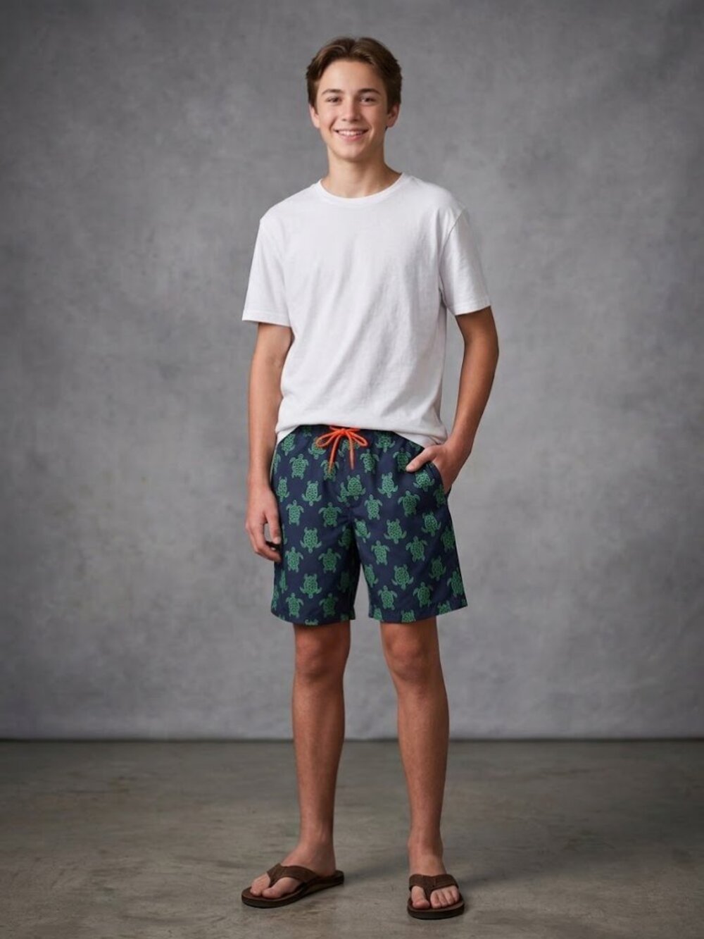 Southern Tide Boys XL Navy Green Sea Turtle Printed Swim Trunks Board Shorts
